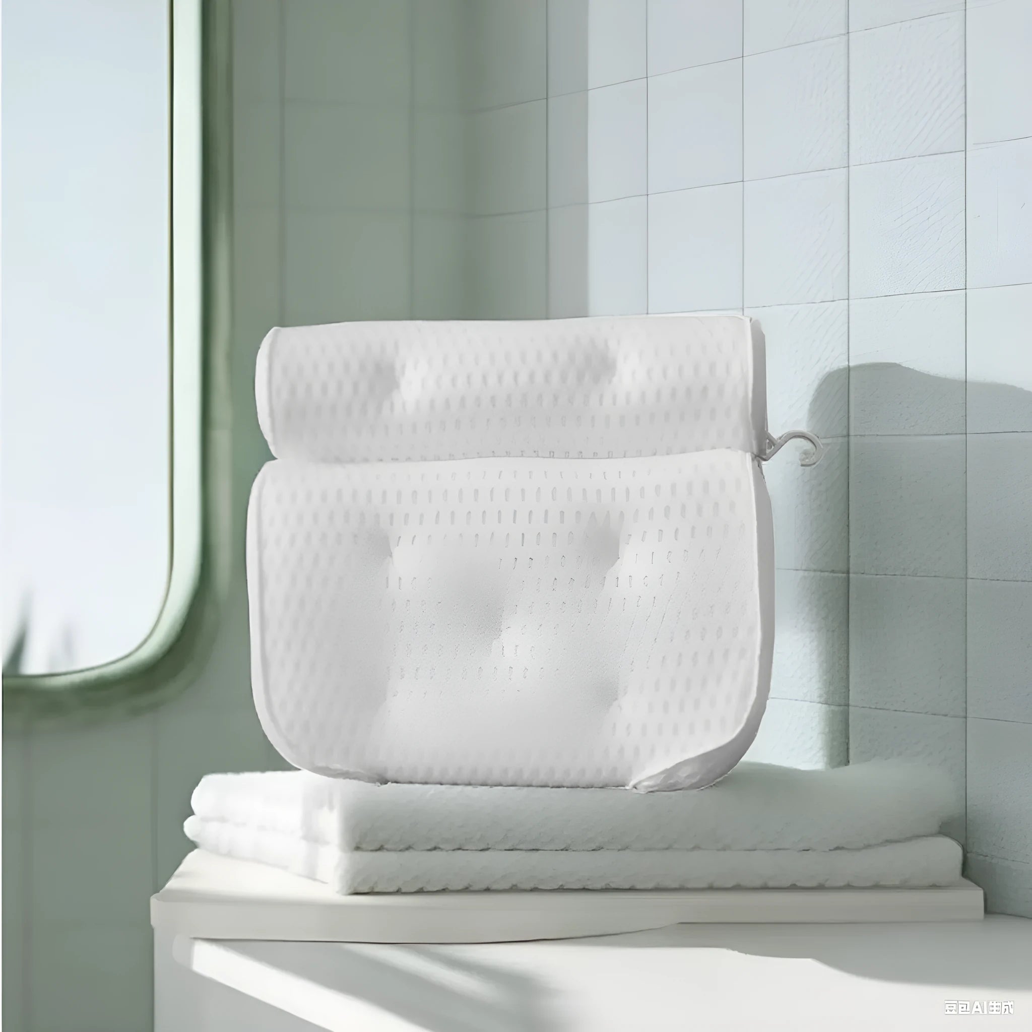 White bathtub pillow with 4D mesh and suction cups on a 3D material surface
