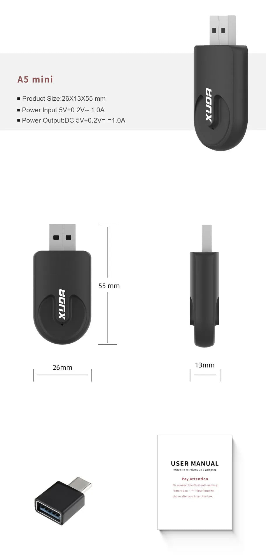 Black mini CarPlay USB wireless data adapter with 26×55×13mm compact ABS PC construction