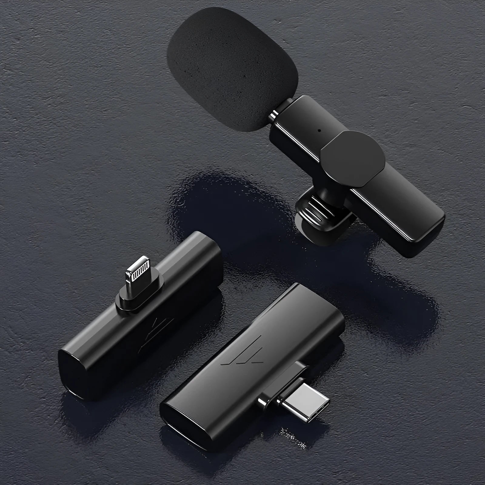 K3Pro wireless neckline clip microphone with sponge head and connectors for Android and Apple devices