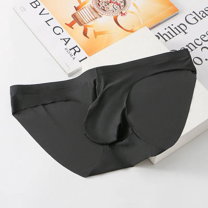 Men's seamless ice silk briefs in multiple colours showing bullet pouch separation design