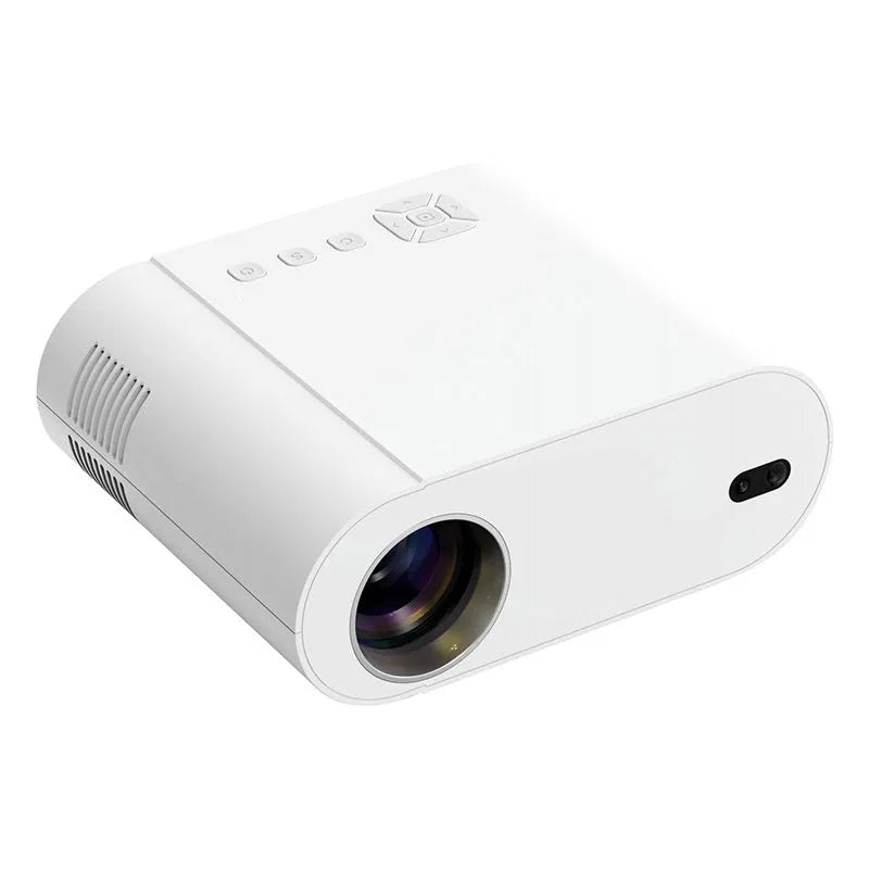 White T07 Full HD 1080p smart projector with remote control on a table