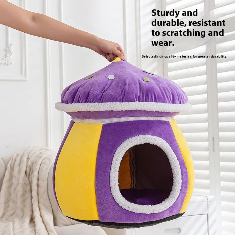 Grey mushroom-shaped plush cat bed with a detachable rabbit blanket for winter warmth.