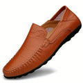 Men's brown leather casual shoes with round toe design and rubber sole for business casual wear