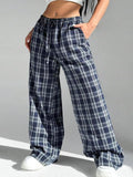 Women's loose fit plaid trousers with elastic drawstring waist and side patch pockets