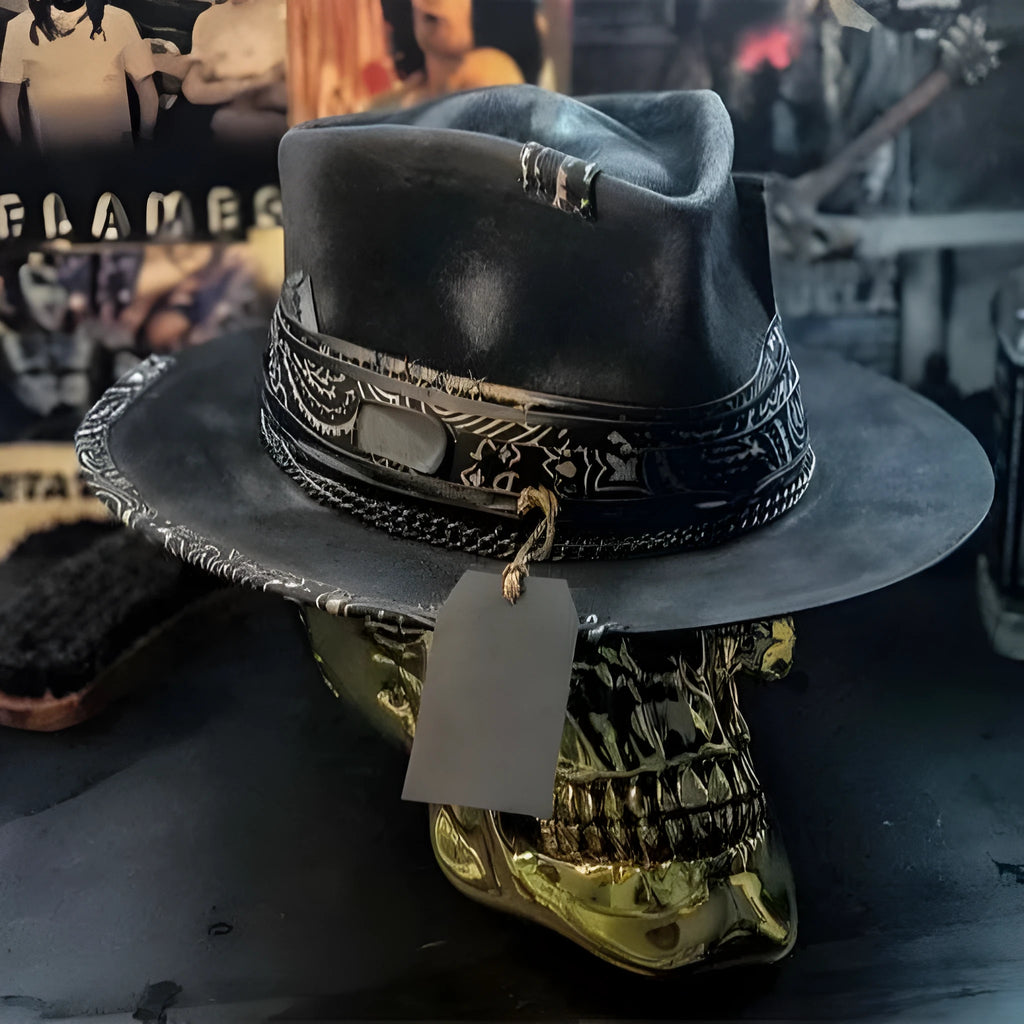 Handmade wool felt Halloween skull hat with conical crown and denim accents