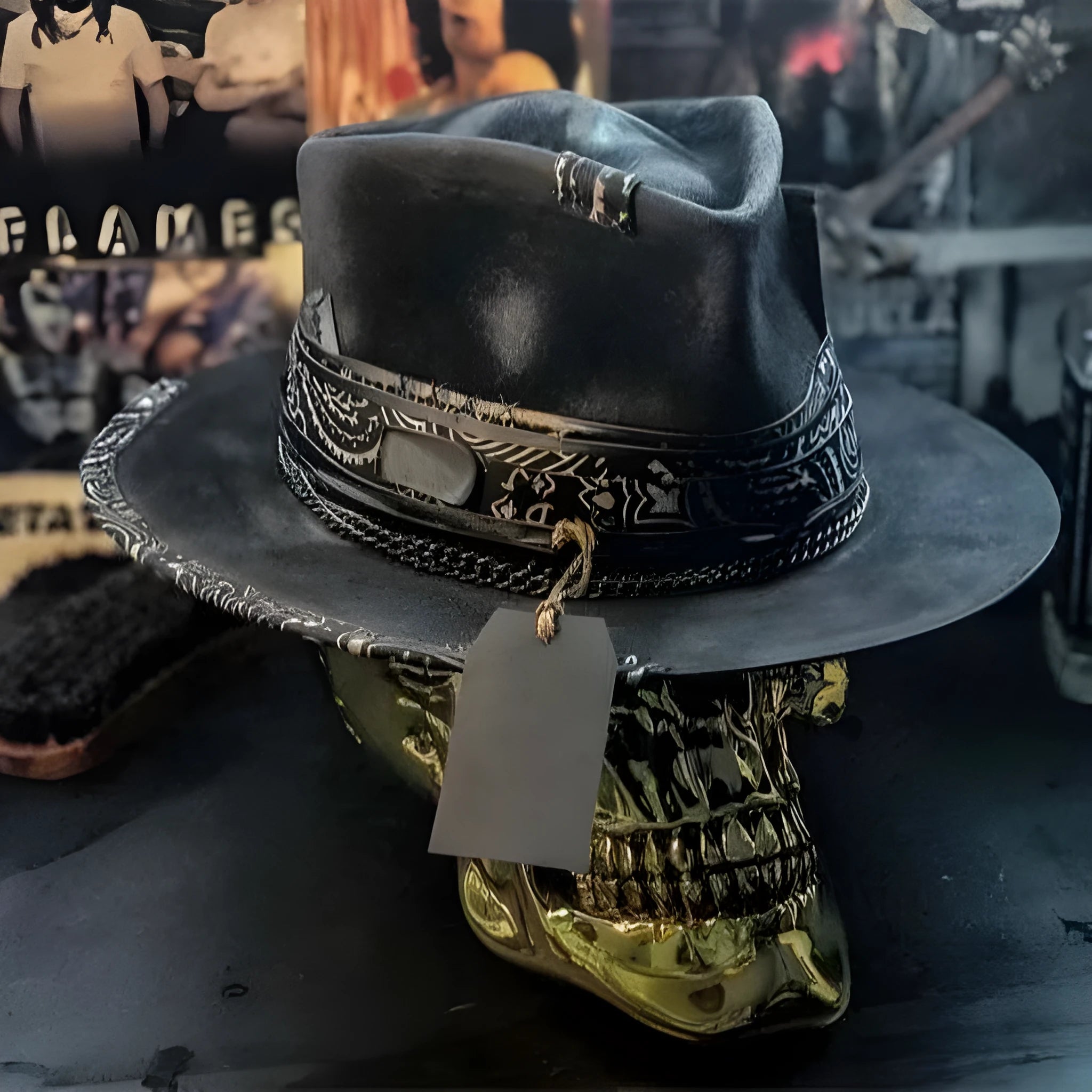 Handmade wool felt Halloween skull hat with conical crown and denim accents