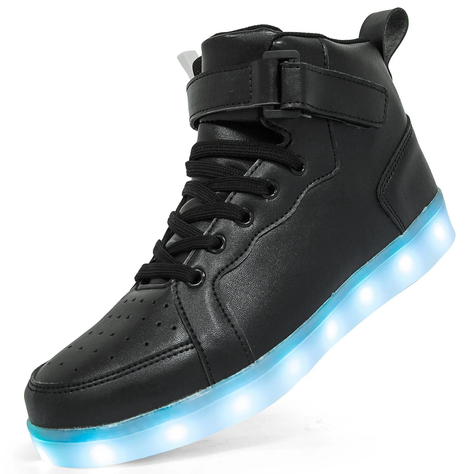 LED light-up high-top board shoes with charging port and Velcro closure in multiple colours