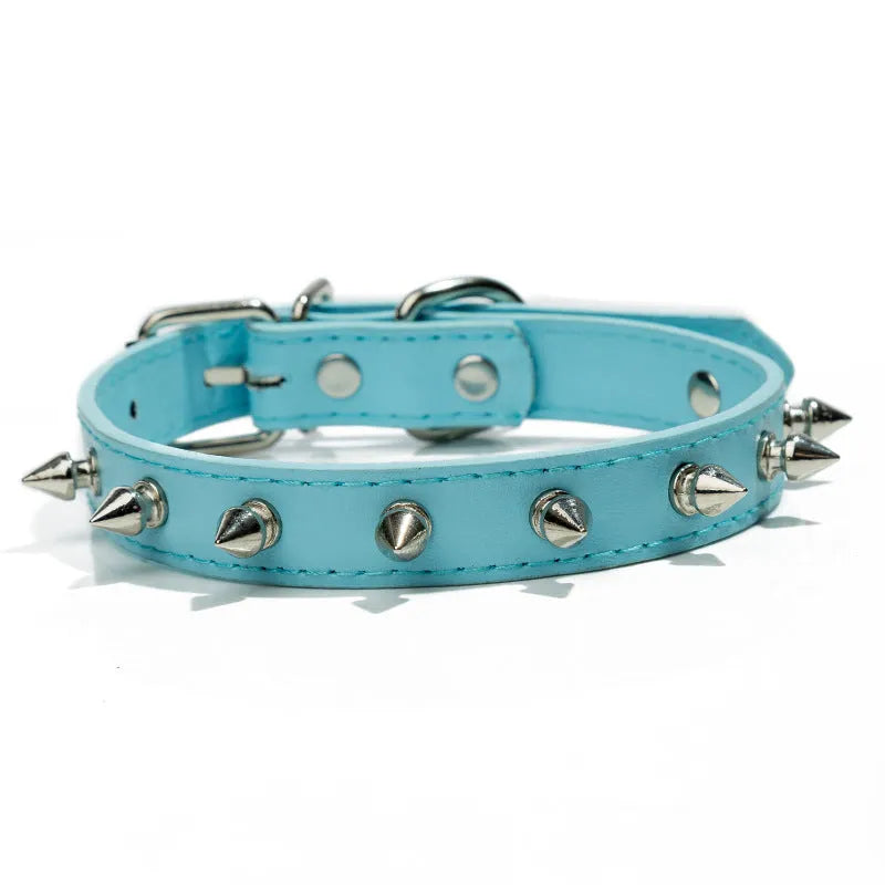 A spiked dog collar made of black PU leather with metal studs and an alloy metal buckle.