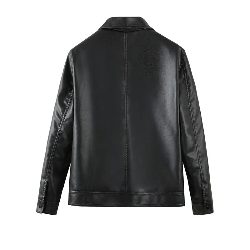 Black men's loose-fit PU leather jacket with zipper and polyester lining.