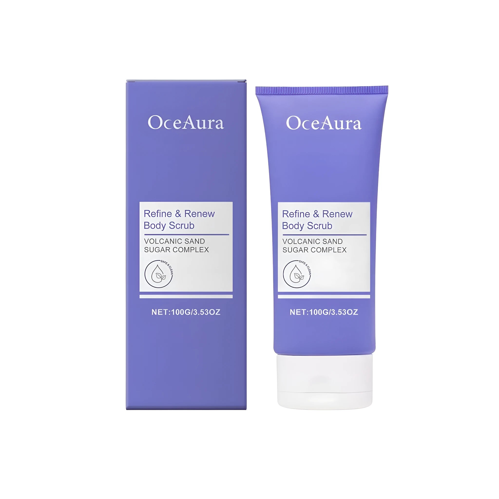 100g tube of Refine Renew Body Scrub with walnut shell and volcanic ash exfoliants