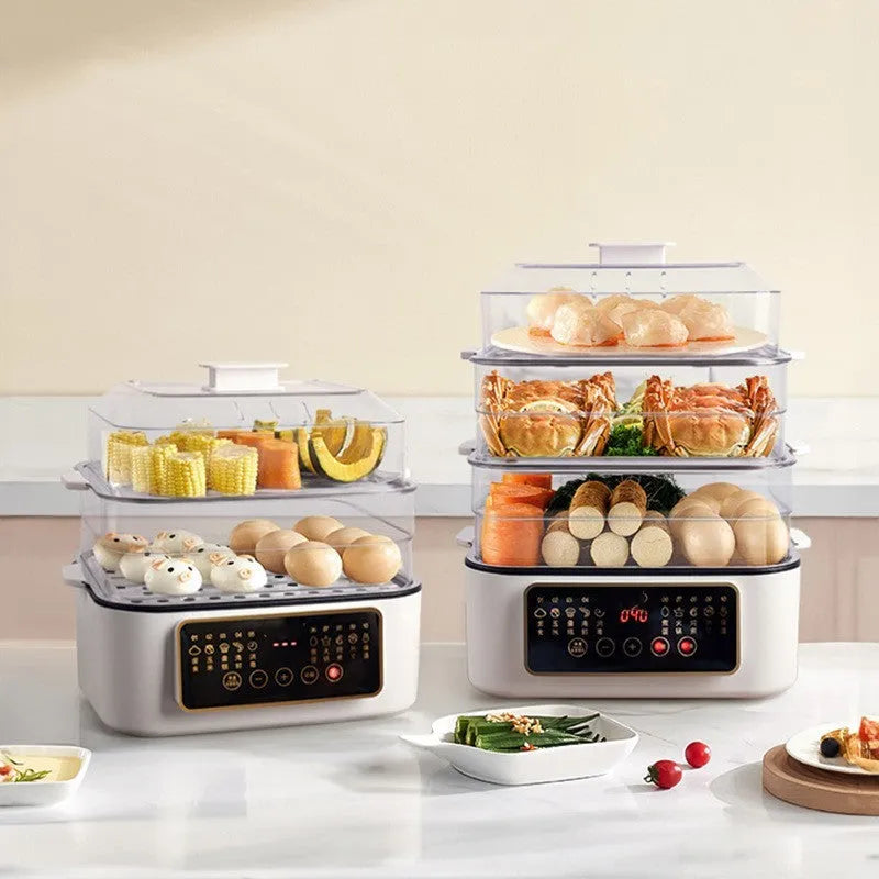28 litre stainless steel electric food steamer with control panel and steaming rack