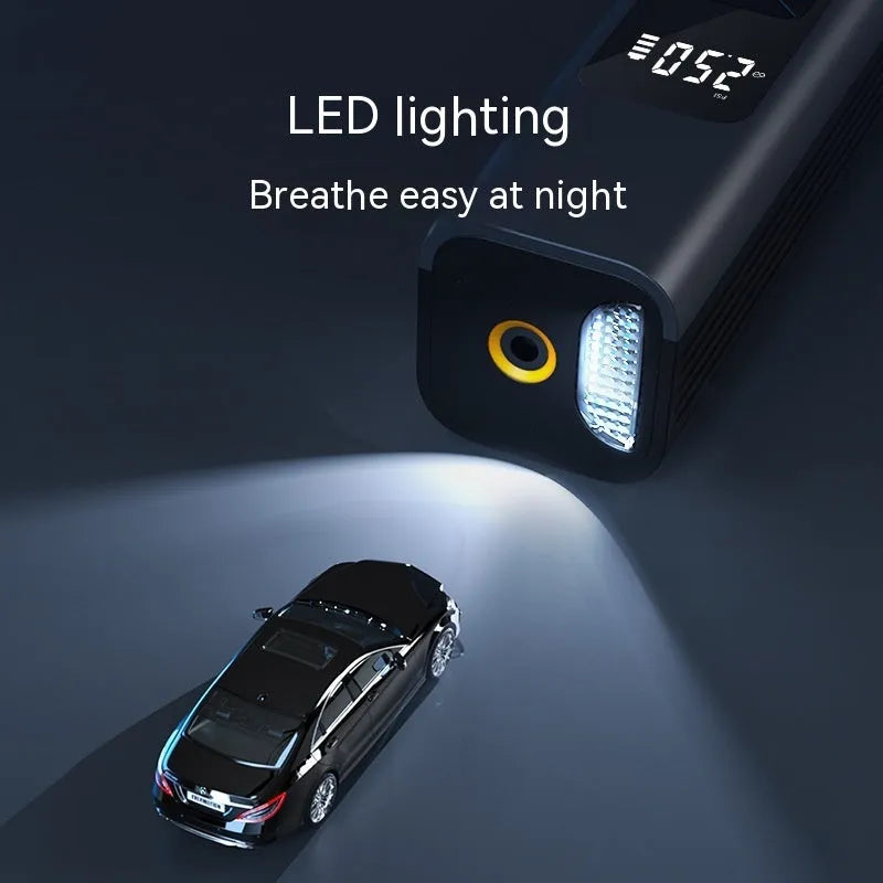 Wireless car air pump with digital display featuring vacuum cleaner function and emergency lighting
