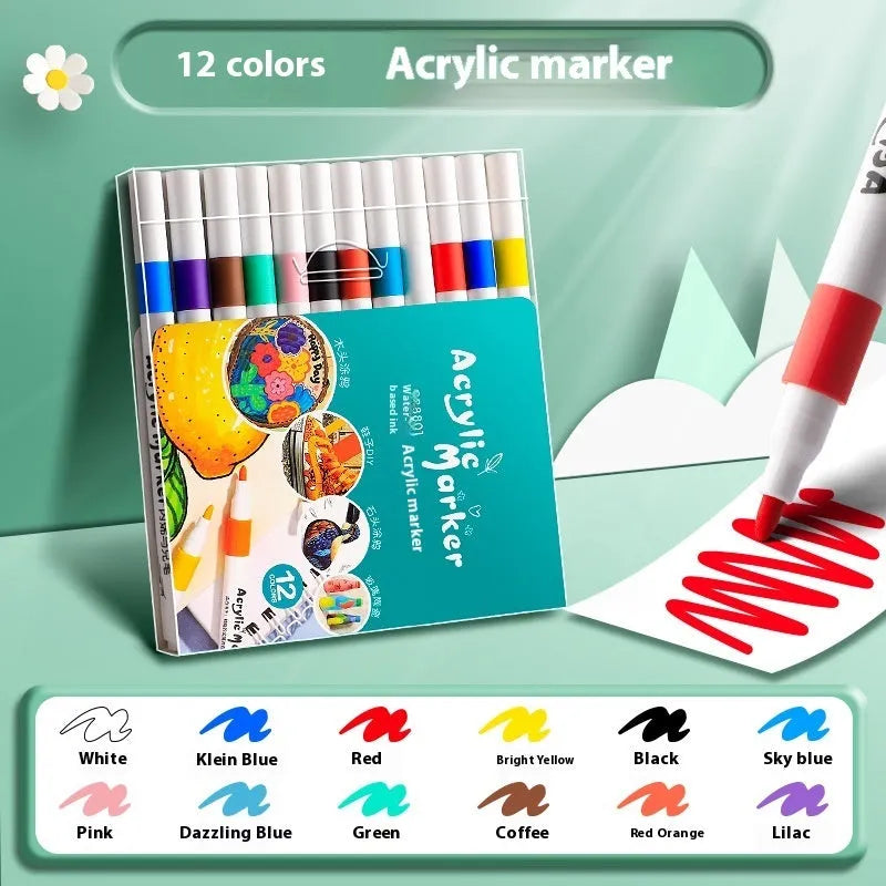Set of acrylic marker pens with plastic barrels in multiple vibrant colours for student painting projects