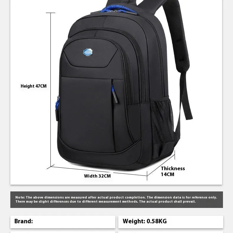 Oxford cloth college backpack in solid colour with multi-layer compartments and curved shoulder straps.