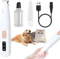 White rechargeable electric dog paw trimmer with LED light on a compact handheld unit.