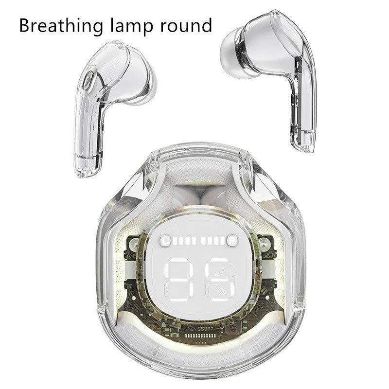 Transparent warehouse wireless Bluetooth headset in white, black, pink, sky blue, or violet with optional breathing light