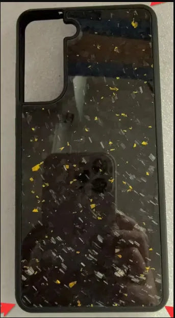 Samsung Galaxy phone case in Forged Red, Gold, Purple, Blue, 3K Twill, and Forged Grain patterns.
