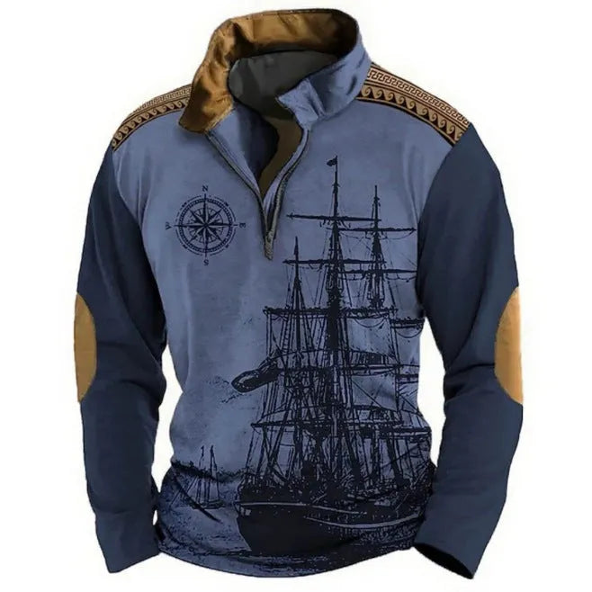 Men's retro colour print golf t-shirt with striped pattern and zipper details on long sleeve loose fit top