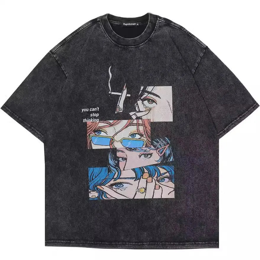 Men's black retro t-shirt with cartoon print, loose fit and short sleeves for casual summer wear