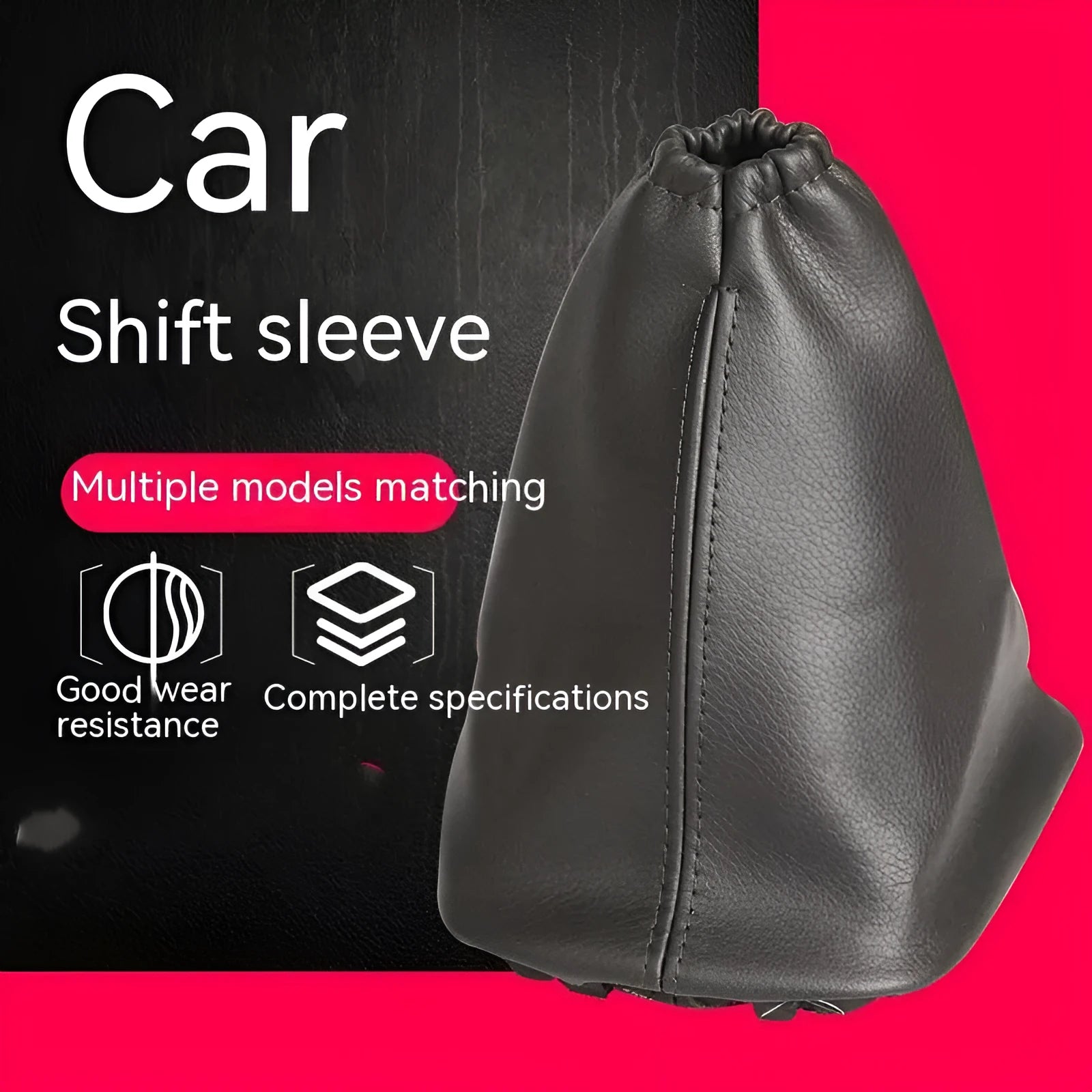 Black leather car shift lever dust cover shown with dimensions 15.2cm by 12.9cm