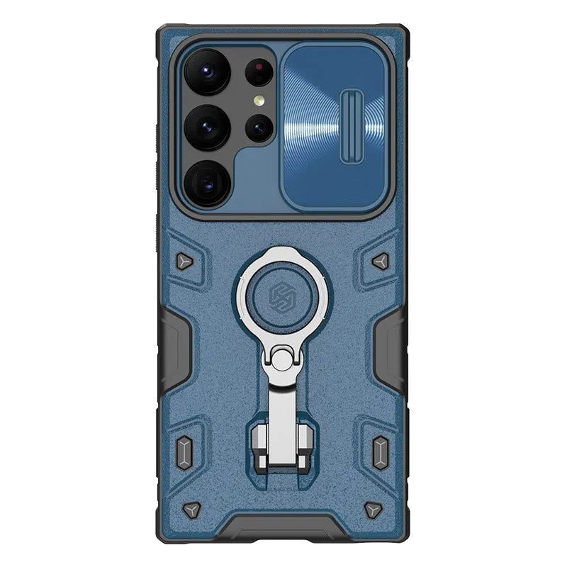 Samsung S23 Ultra PC+TPU phone case with sliding lens cover and bracket ring in black