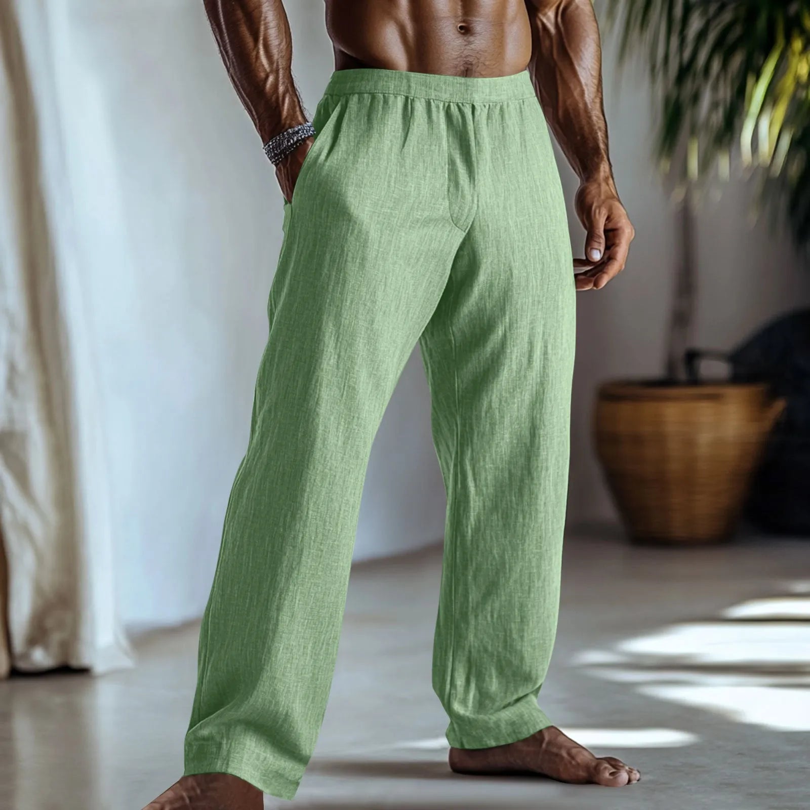Straight leg cotton linen casual trousers in peacock blue colour with five-pocket design