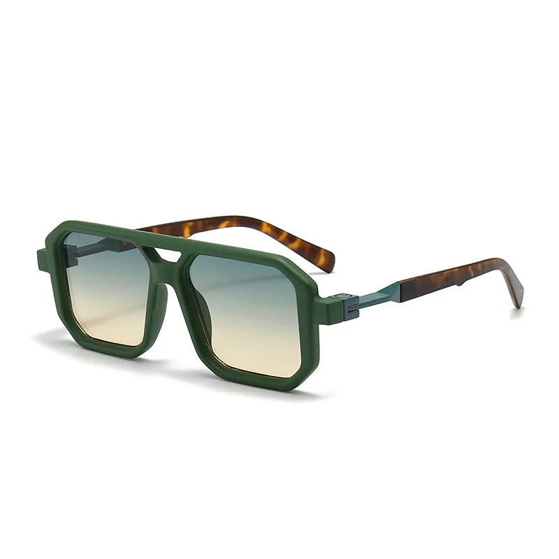 Retro double beam pilot sunglasses with polarised lenses in various colour options including black, blue, and leopard print.