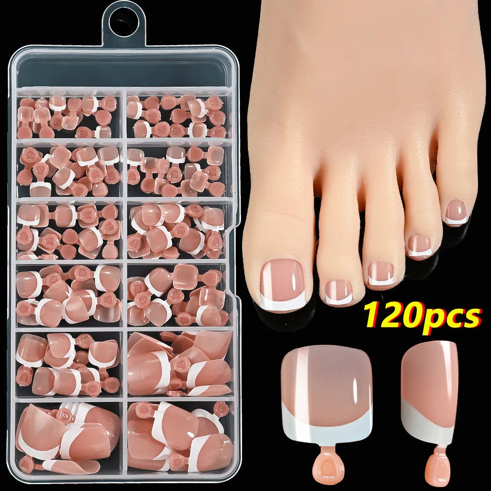 120-piece box of full square short French white tip nude press-on toenails in assorted shades