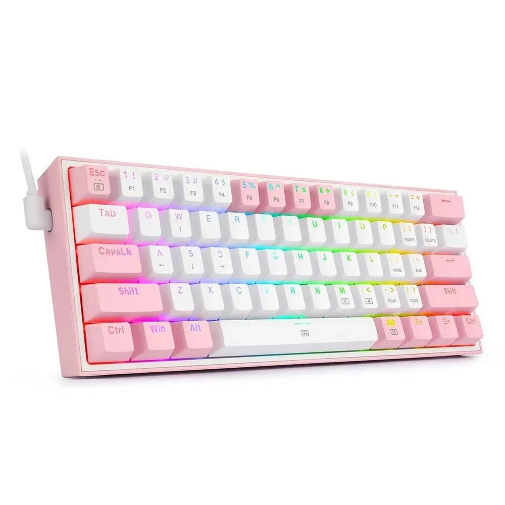 White and pink K617 mechanical keyboard with RGB backlit keys on a desk.
