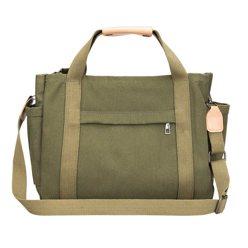 Canvas tote bag showing multiple internal compartments and both sides zipper openings in horizontal square shape