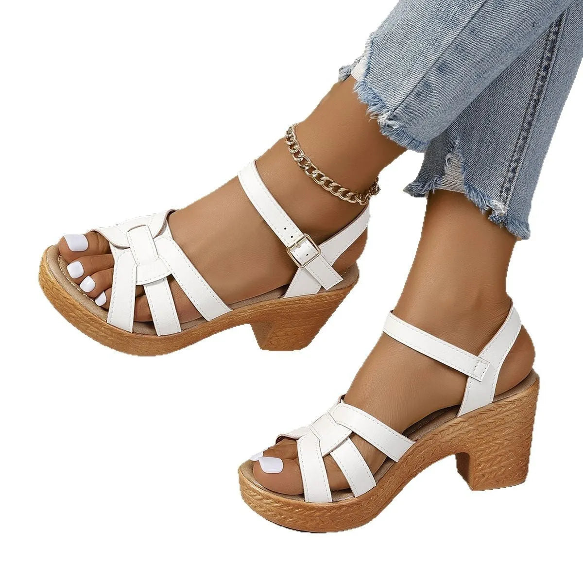 Plus size Roman women's peep toe chunky heel sandals with ankle-strap buckle in black colour