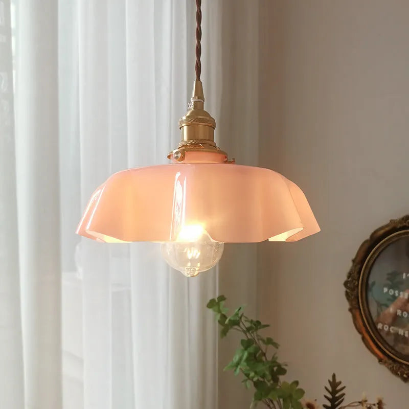 Brass medieval chandelier with glass flower buds, adjustable height, five light colour options