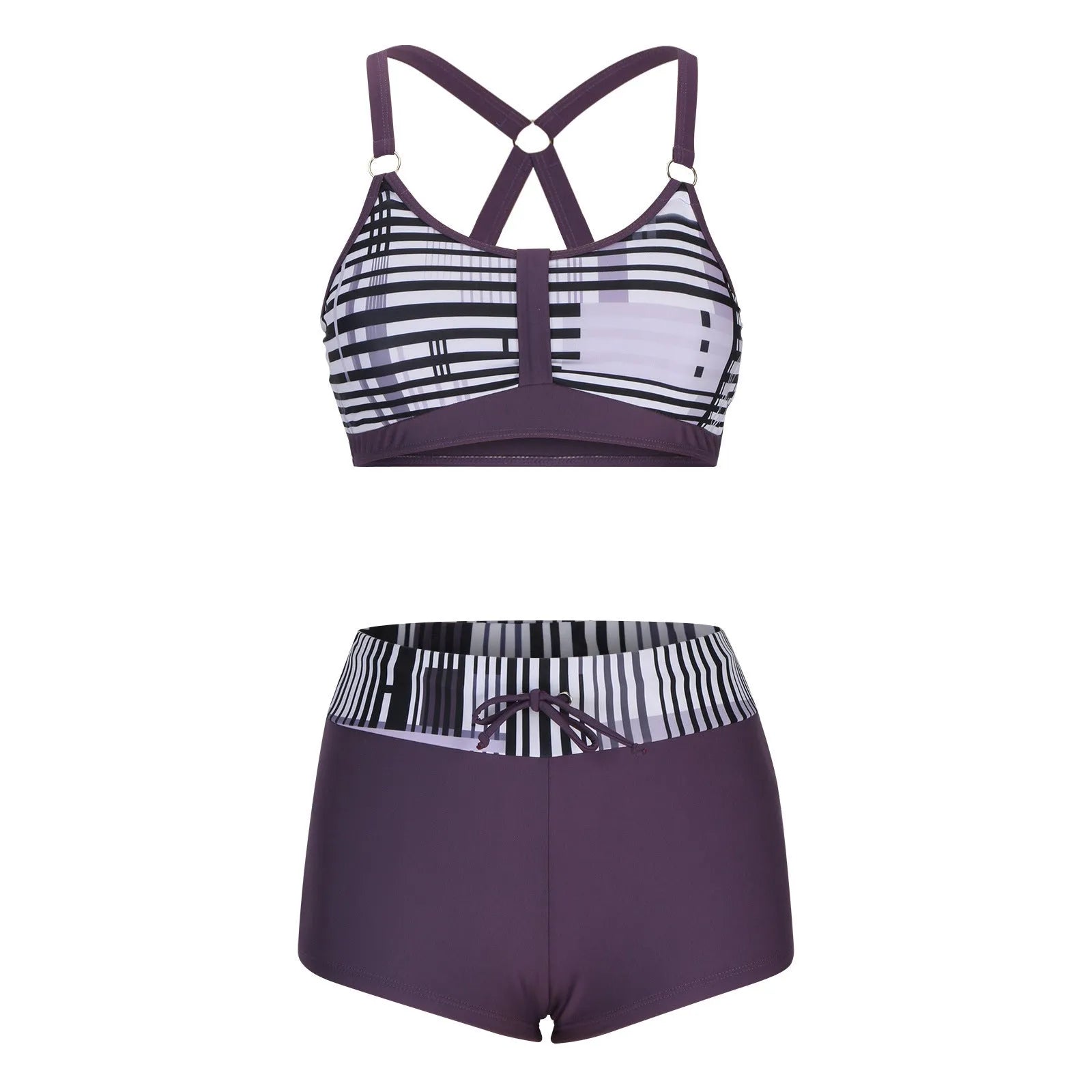 Women's floral print polyester bikini swimsuit set with bra and shorts on a neutral background.