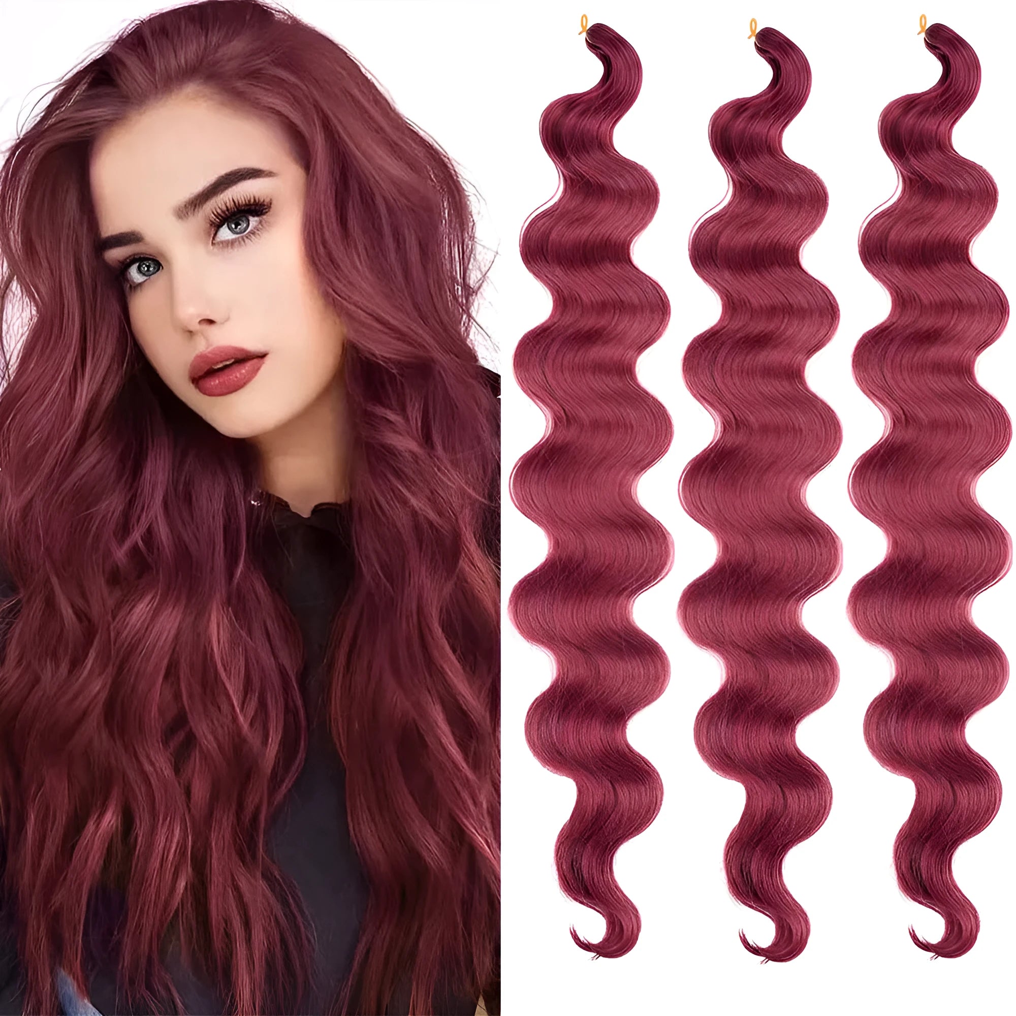 Wine red big wave synthetic hair crochet extension measuring 24 inches long