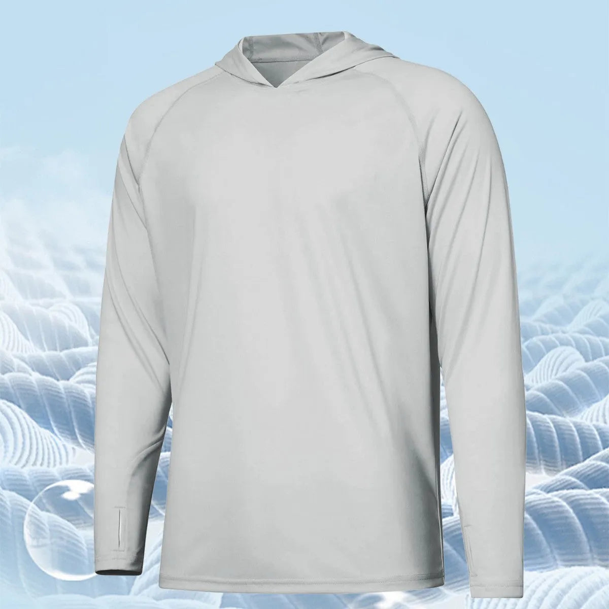 Man wearing a solid colour long sleeve hooded top for outdoor fishing or hiking.