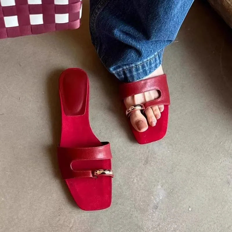 Plus size square head leather slippers with rubber sole in black colour