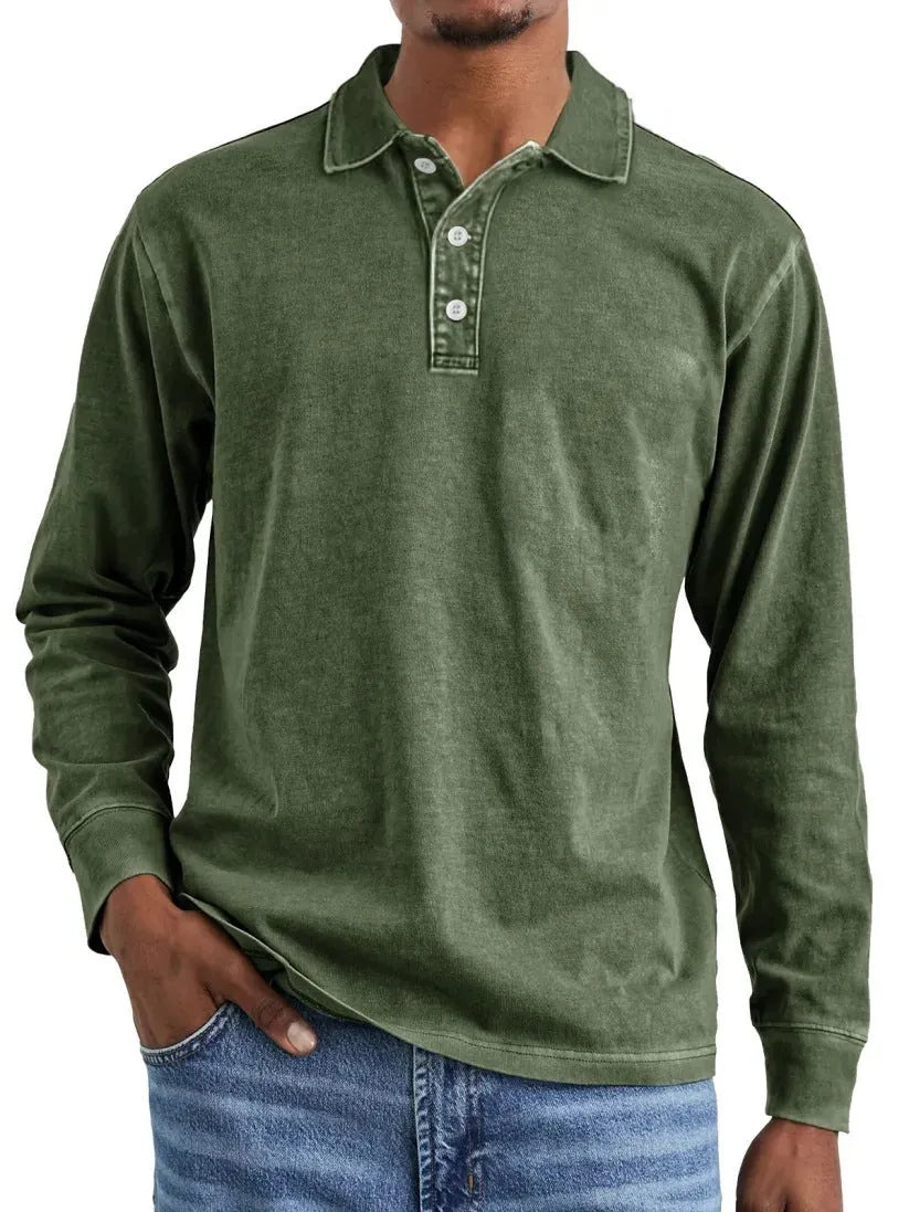 Man wearing a retro washed distressed cotton lapel long sleeve polo shirt in army green.