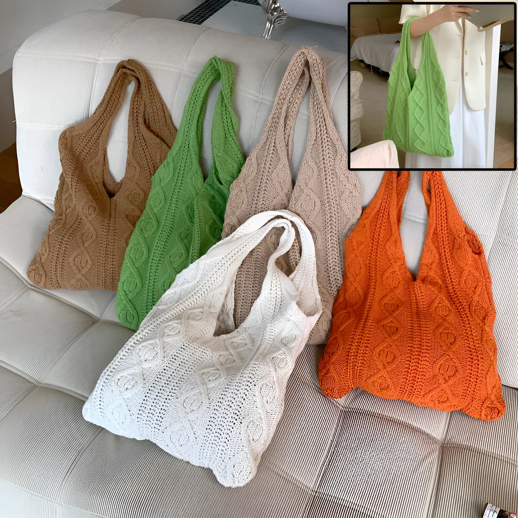 Women's retro crochet knitted polyester yarn shoulder tote bag in solid colour with double straps