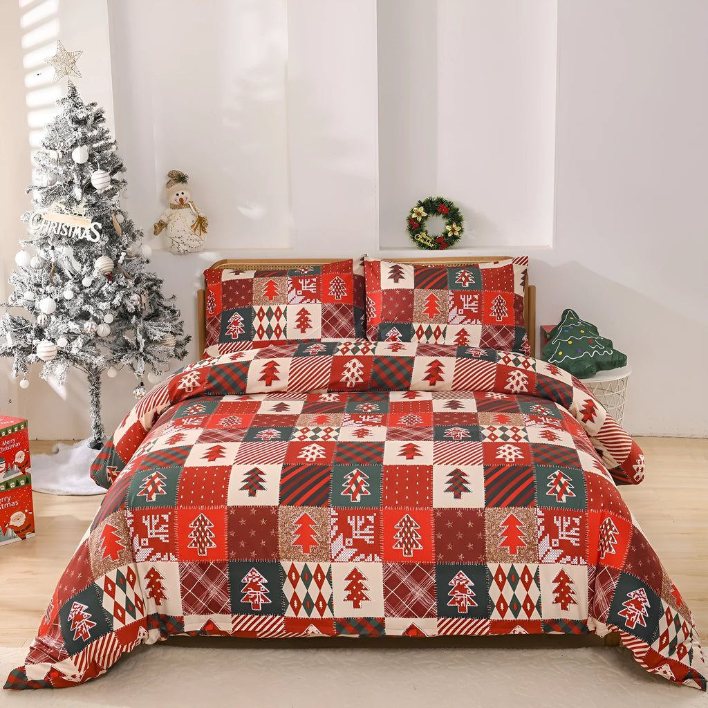 Red plaid pattern Christmas themed bedding three-piece set showing quilt cover and pillowcases.