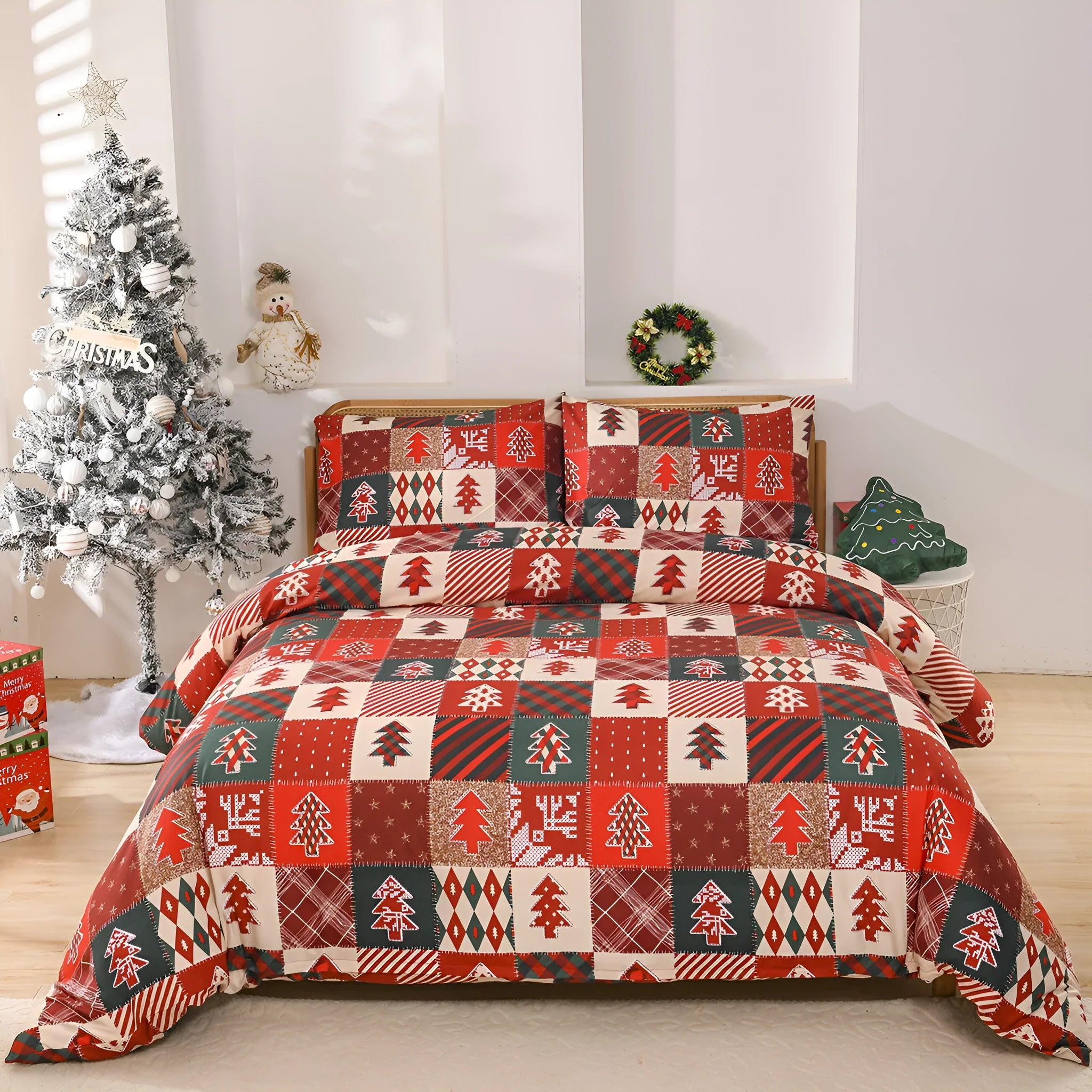 Red plaid pattern Christmas themed bedding three-piece set showing quilt cover and pillowcases.