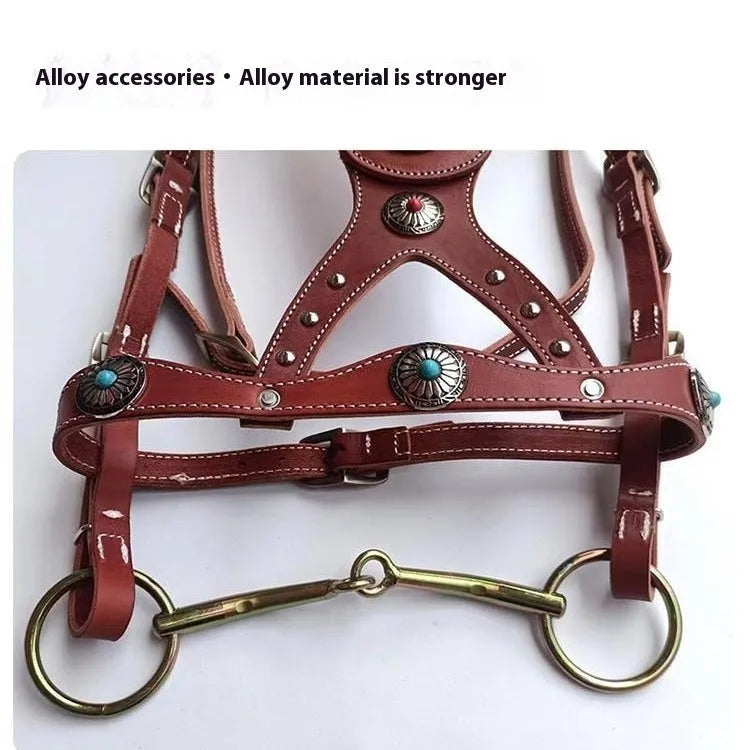 Pure cowhide horse halter with metal buckle and dragon cover in red on a wooden stable background