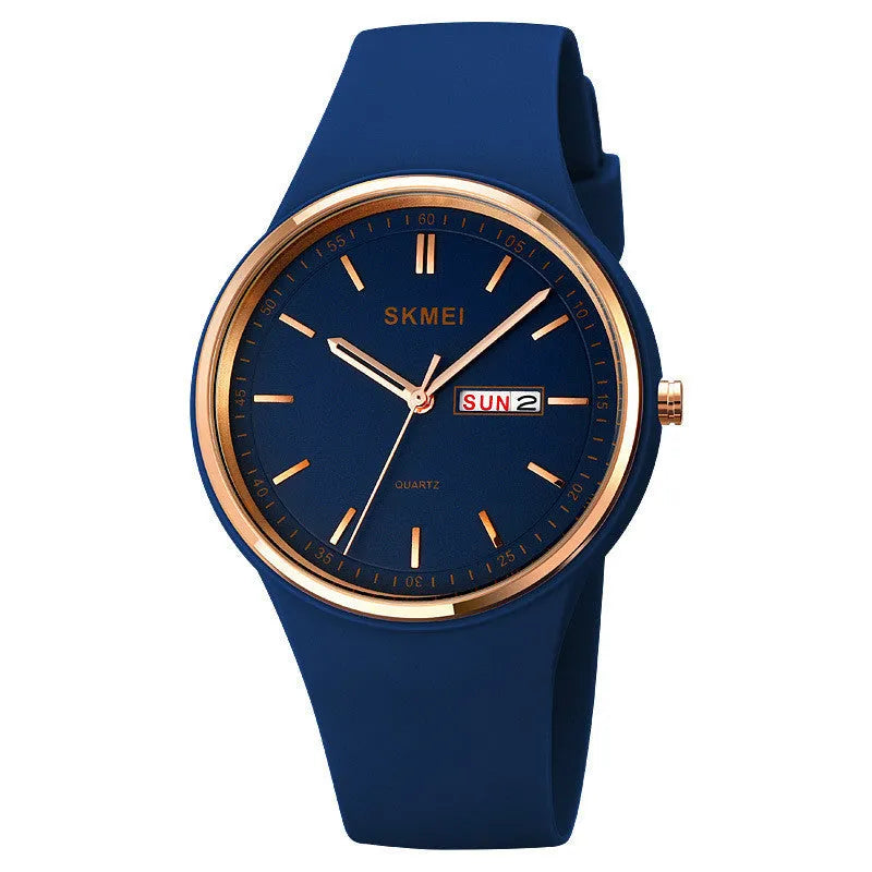 Quartz calendar watch with silicone strap, 42mm dial, waterproof to 30 metres in six colour options