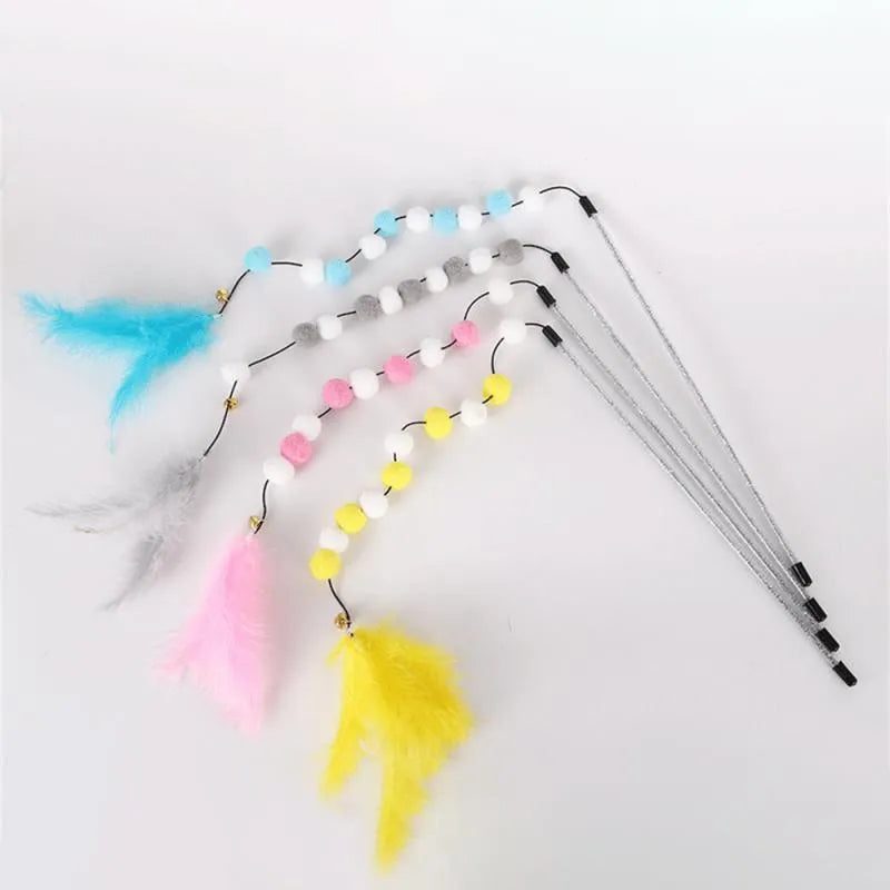 31 cm long cat teaser toy rod with bell and pompon feather attachments in blue colour