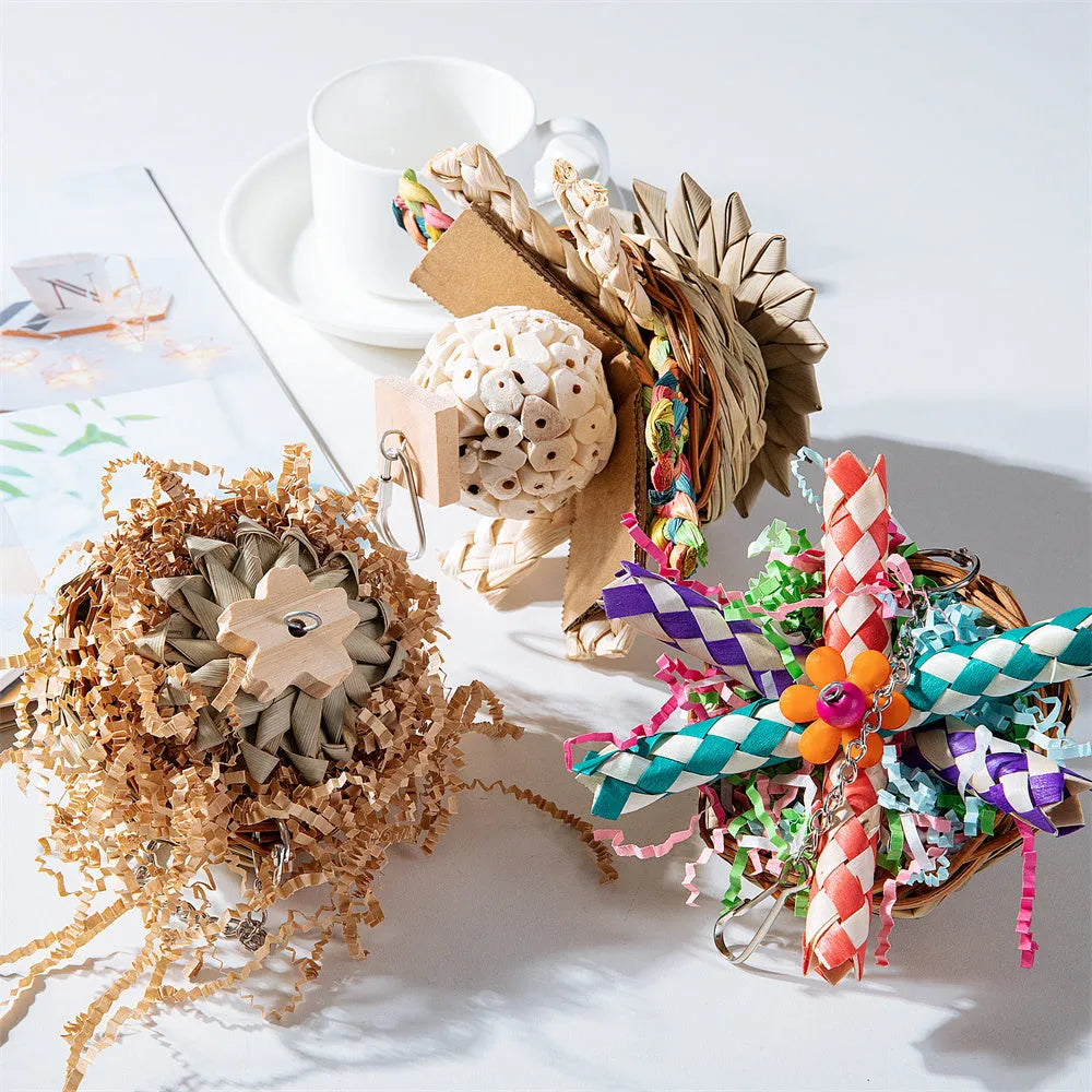 Parrot gnawing molar chew toy with wooden beads, rope, and metal bells in three configuration options