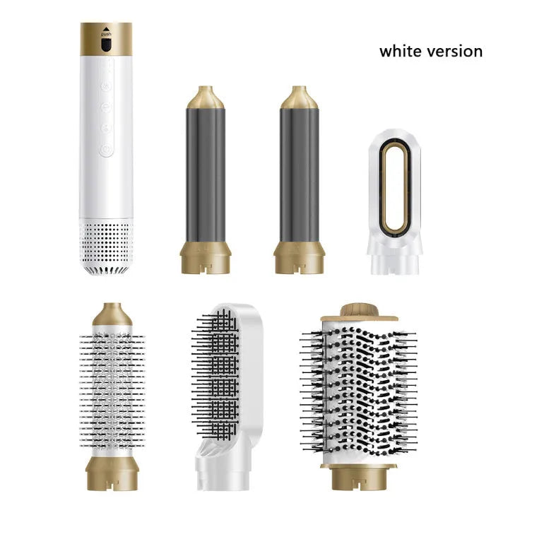 Dark blue and white 6-in-1 electric hot air comb with leather case for hair styling.