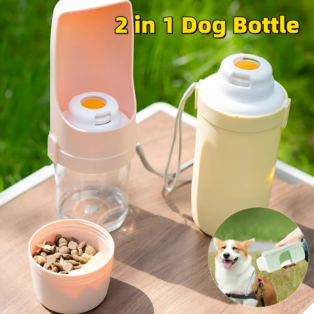 Portable pet water bottle feeder with lanyard showing grey colour option and drinking cup