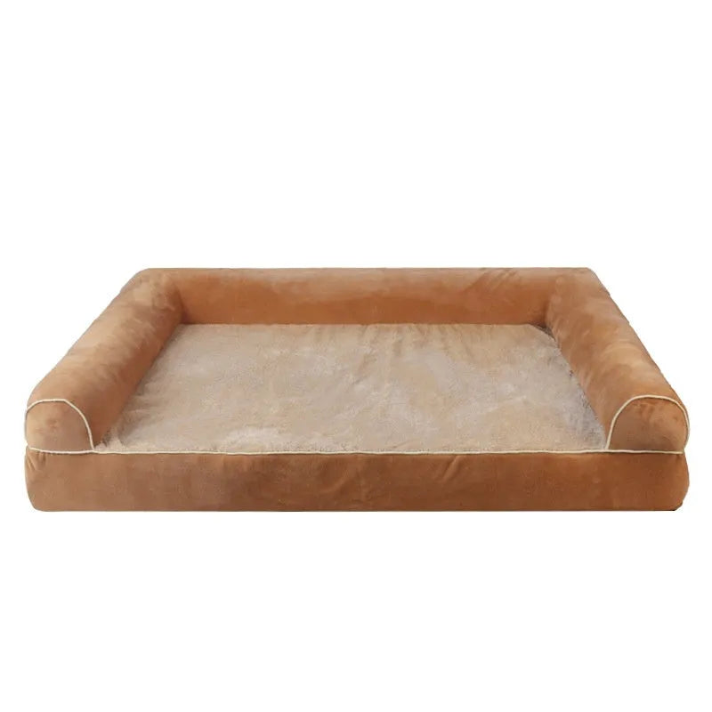 Square cloth dog bed with breathable sponge cushion in blue, shown with size options.
