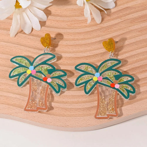 Colourful acrylic fruit and ice cream dangle earrings for women on a white background.
