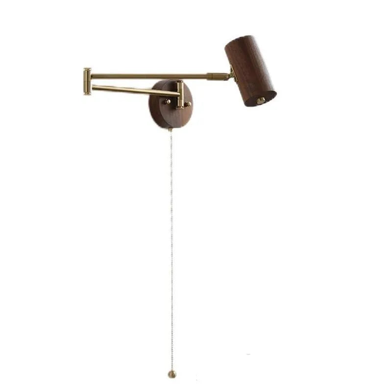 Retro rotating wall lamp with long arm and integrated switch in walnut or wood colour finish