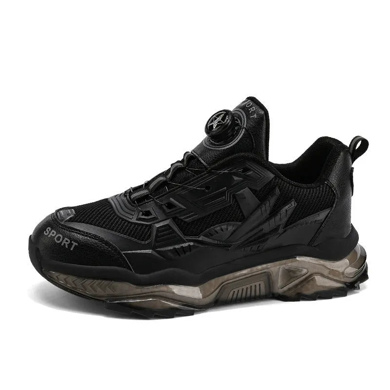 Men's black casual sneakers with a rotating button closure and low-top design.